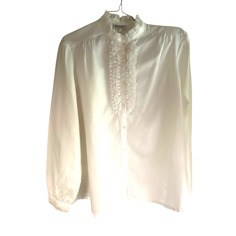 Vintage Rhapsody Womens XL 42 White Lace Ruffle Front Button Down Blouse Cottage